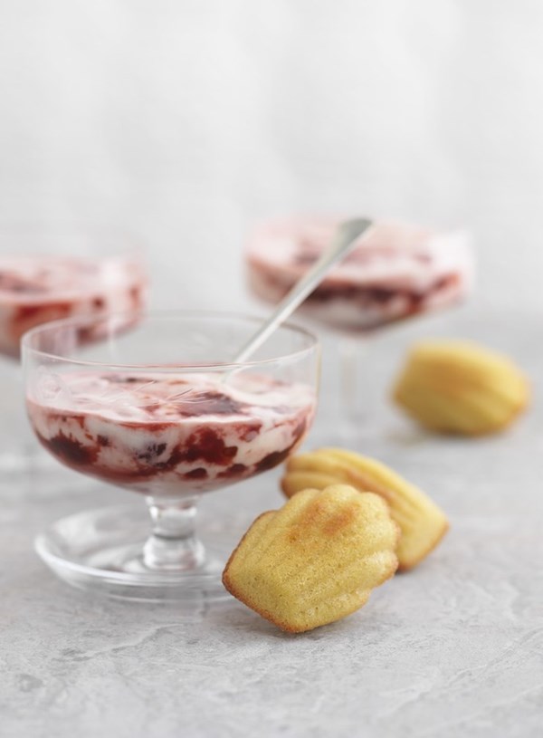 Cardamom madeleines with roasted tamarillo fool