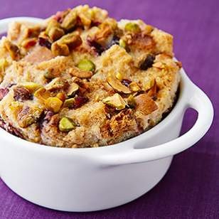 Cardamom, pistachio & pear bread pudding