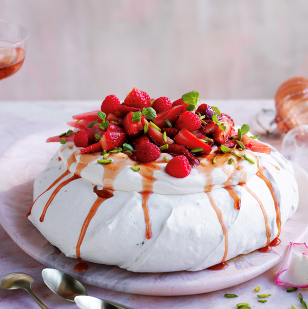 Cardamom-pistachio Pavlova with rose cream
