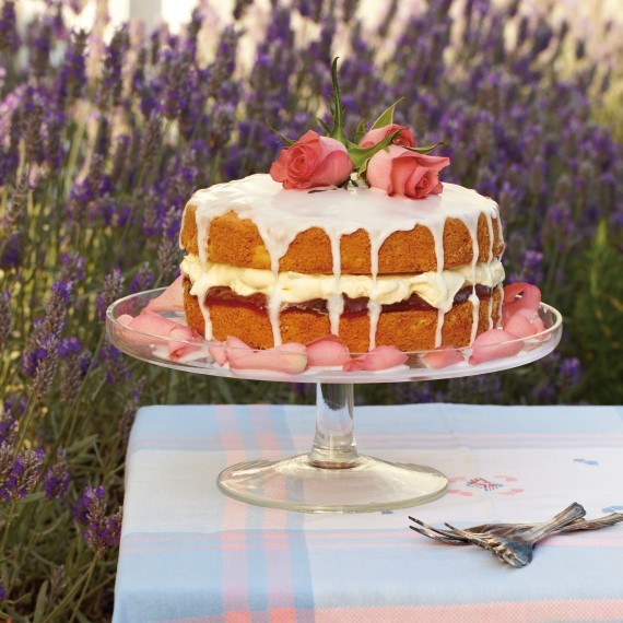 Cardamom, rose & rhubarb cake 
