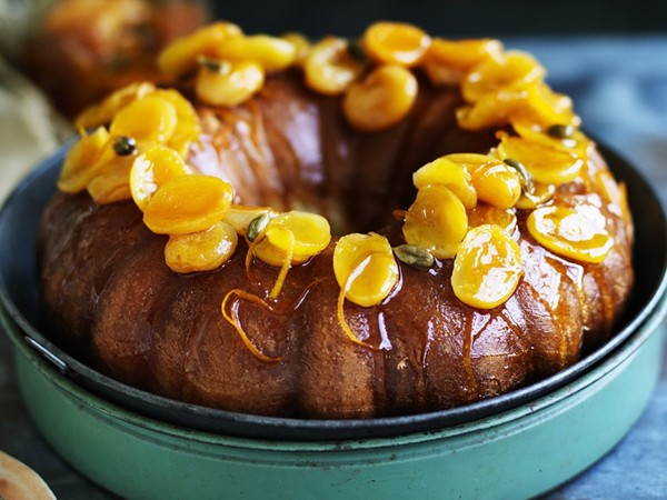 Cardamom savarin with apricots in dessert wine syrup