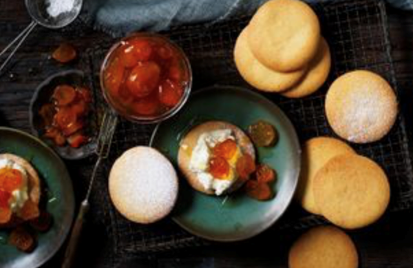 Cardamom shortbread with candied cumquat and ricotta