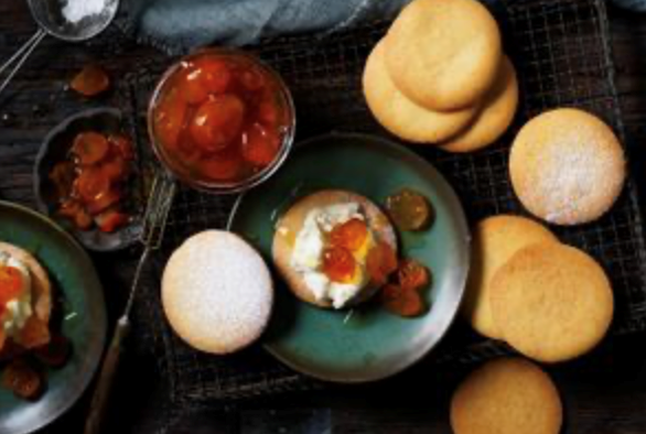 Cardamom shortbread with candied cumquat and ricotta