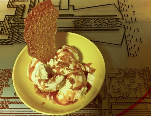 Cardamom sundae with Cognac cardamom caramel and grapefruit cardamom lace cookie crumble