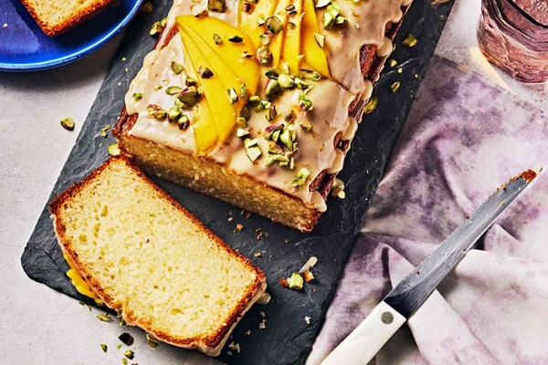 Cardamom yogurt cake with mango lassi icing