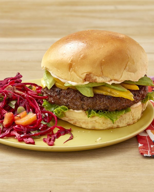 Caribbean burgers with mango slaw