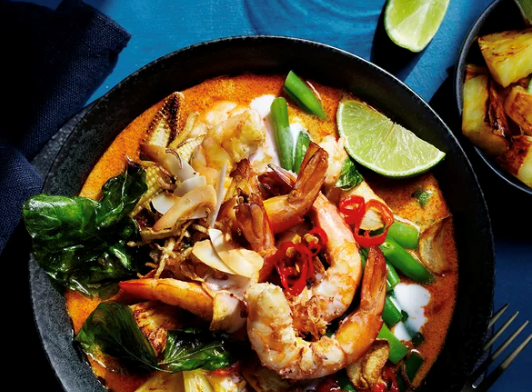 Caribbean coconut broth with prawns and fried aromatics