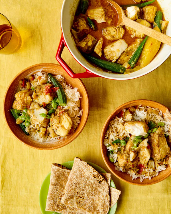 Caribbean fish, mango and okra curry