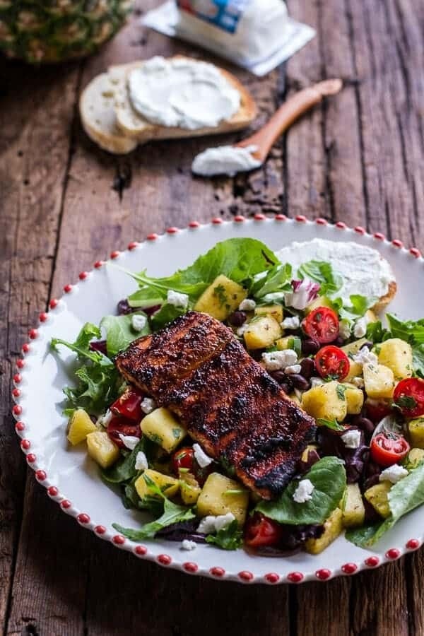 Caribbean jerk salmon with curried pineapple and goat cheese salad + fruit salad