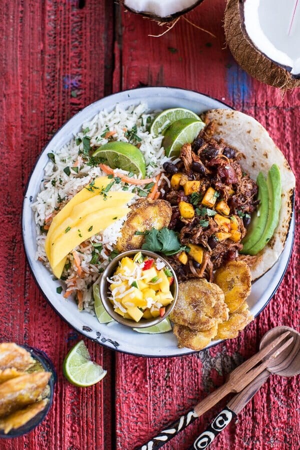 Caribbean mango pork and tropical rice plates