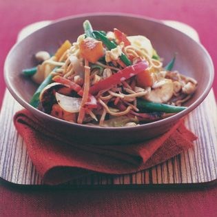 Caribbean vegetable stir-fry with coconut noodles
