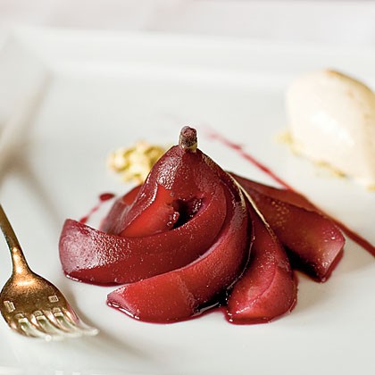 Caribou-poached pears and ice cream