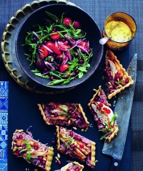 Carmamelised onion tart with sumac roast chicken
