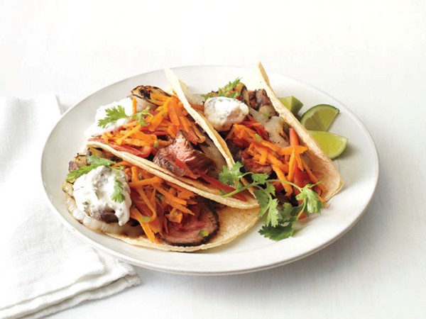 Carne asada tacos with carrot-pepper slaw