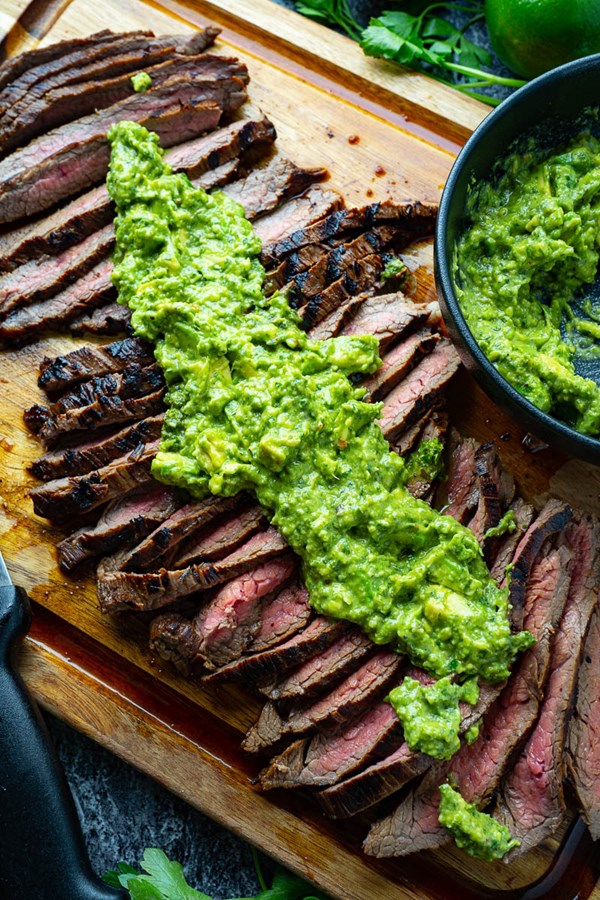 Carne asada with avocado salsa verde