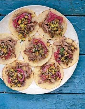 Carnitas with grilled pineapple salsa & pink pickled onions