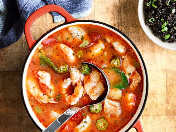 Carolina fish, shrimp, and okra stew with black rice