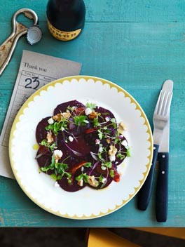 Carpaccio of beetroot, blood orange, feta and baby herbs