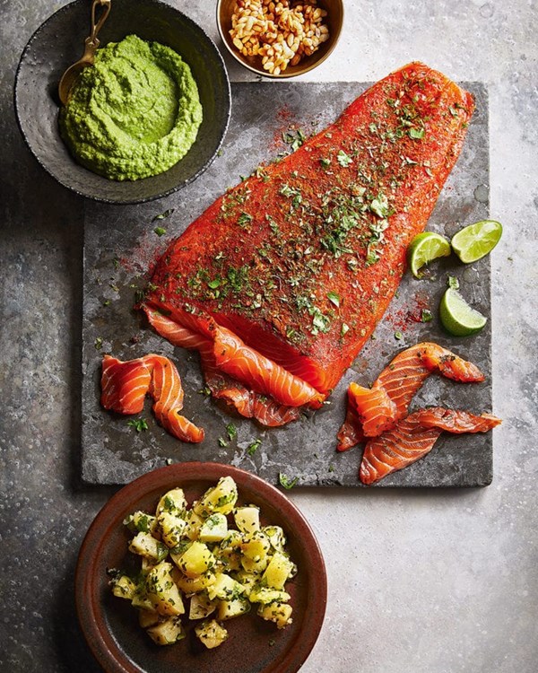 Carpaccio of cured wild salmon with caramel jhalmuri, potato salad and pea chutney