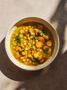 Carrot & chickpea stew with carrot top pesto