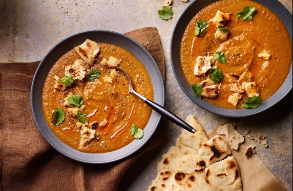 Carrot & lentil soup with zaatar, toasted flatbreads and chilli oil