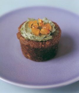 Carrot, almond and sweetcorn cake with minted cream cheese and pineapple