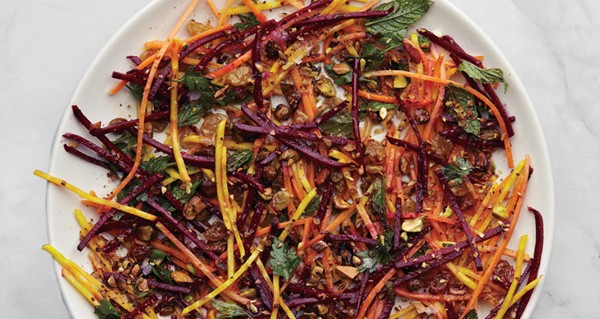 Carrot and beet slaw with pistachios and raisins