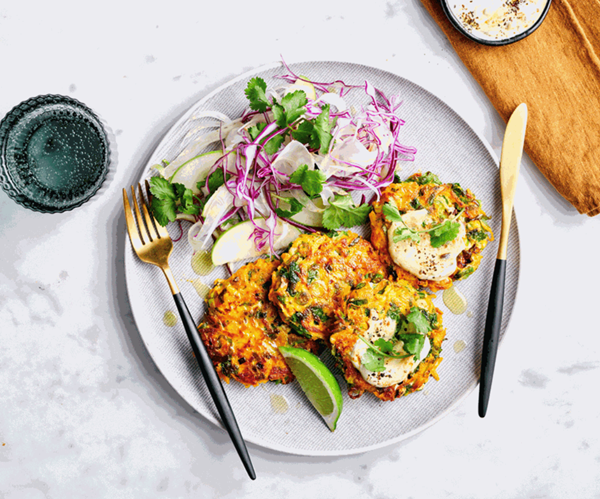 Carrot and chilli fritters with eggplant pickle and yoghurt
