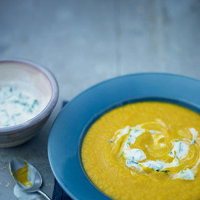 Carrot and ginger soup with cucumber raita