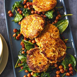 Carrot and haloumi fritters with chickpeas and spinach