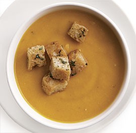 Carrot and leek soup with herbed croutons
