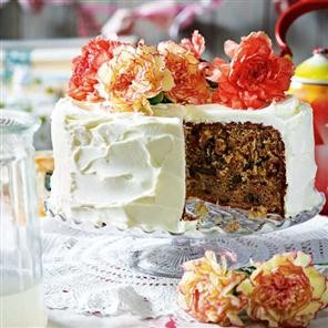 Carrot and parsnip cake with rose frosting