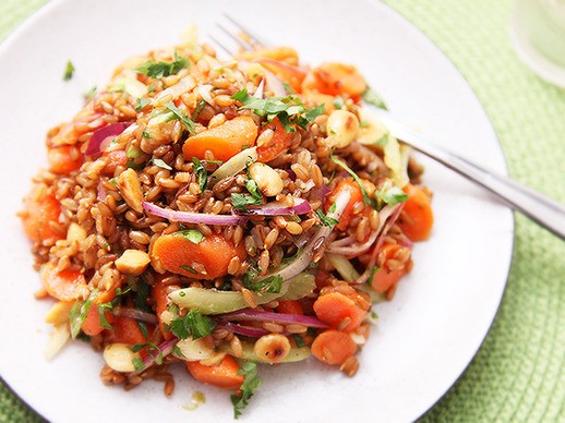 Carrot and rye berry salad with celery, cilantro, and Marcona almonds