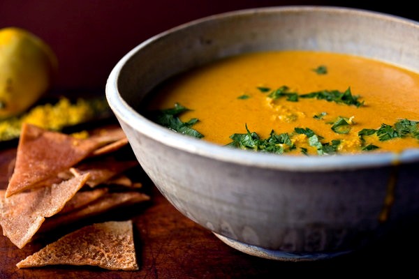 Carrot and tahini soup with pita crisps