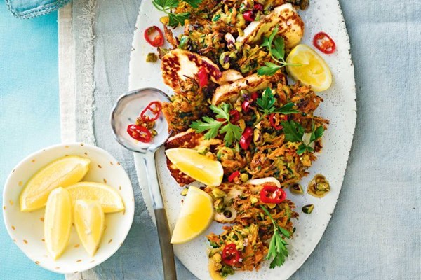 Carrot and zucchini fritters with chilli and pistachio honey