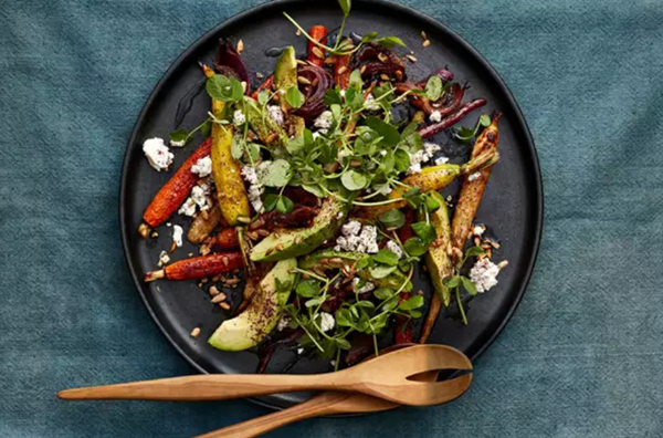 Carrot, avocado, and feta with spring greens