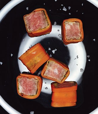Carrot-beef "sushi" with caper-basil mustard