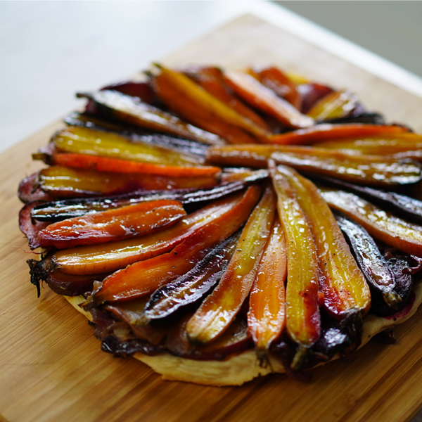Carrot, beetroot & red onion tarte Tatin