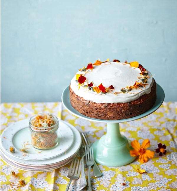 Carrot, beetroot (beet), parsnip and apricot cake with honey-yogurt frosting