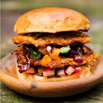 Carrot burgers, balsamic onion and tomato salsa