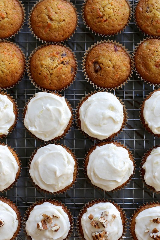 Carrot cake cupcakes with pineapple cream cheese frosting