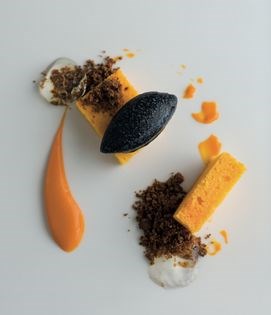 Carrot cake with black olive sorbet