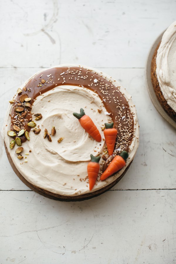 Carrot cake with hawaij and tahini caramel frosting