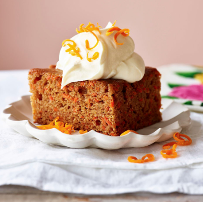 Carrot cake with orange-saffron cream