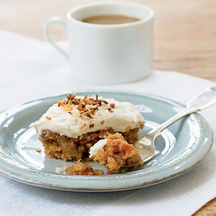 Carrot cake with toasted coconut cream cheese frosting