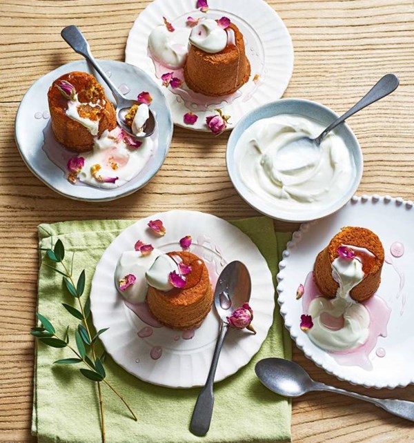 Carrot cakes with rose syrup and Greek yogurt [Shadi Issawy]