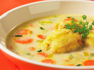Carrot, celery and leek soup with cornbread dumplings