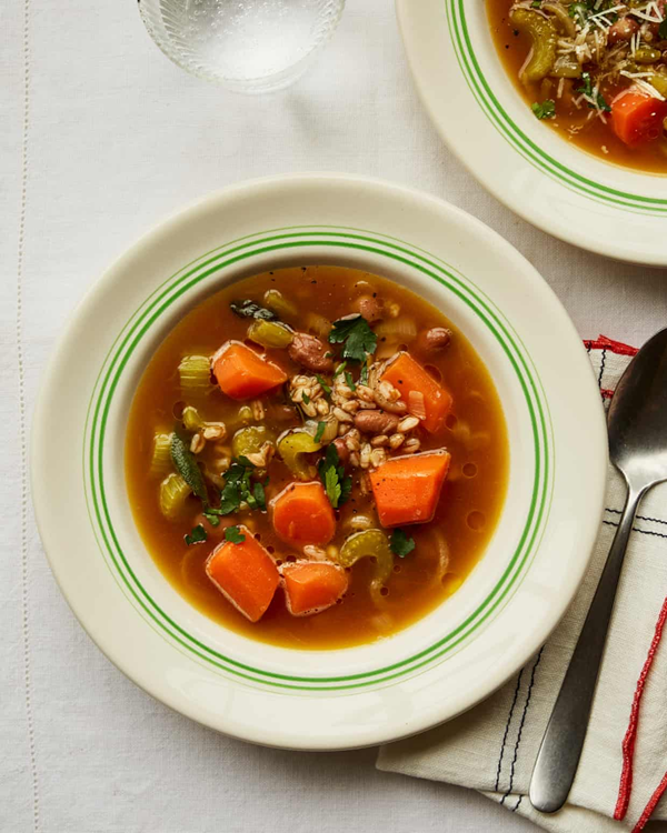 Carrot, celery, farro and borlotti bean soup