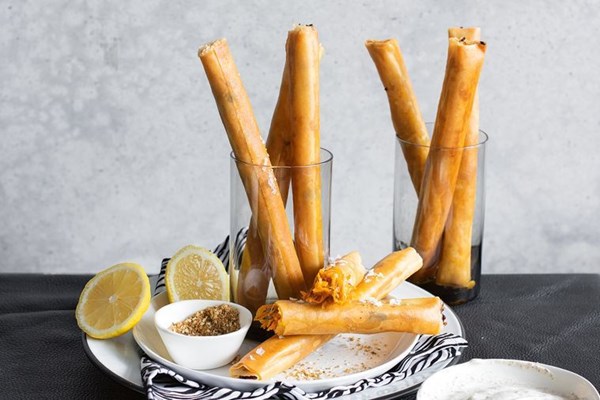 Carrot, cumin and haloumi cigars with za'atar yoghurt