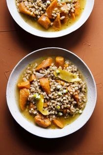 Carrot farro stew w/lemon chamomile oil